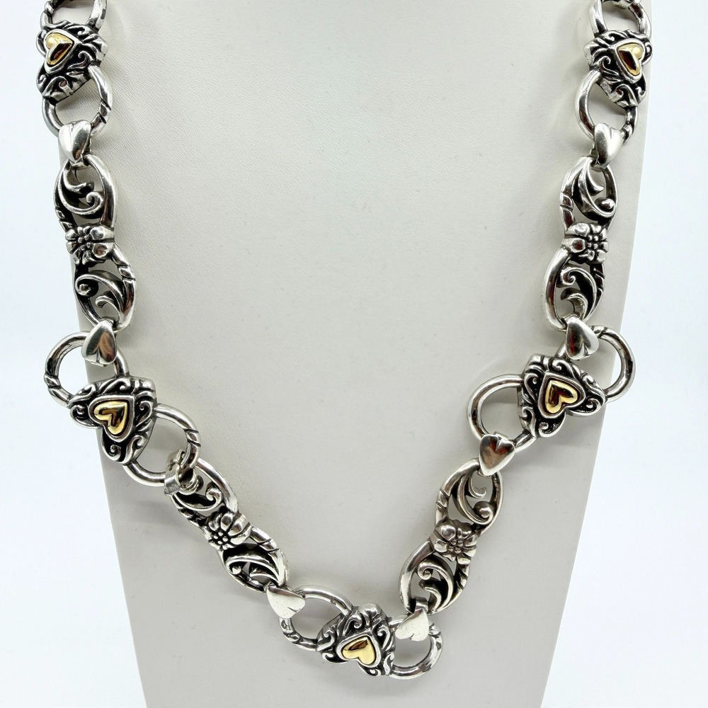 Vintage Silver Tone Heart Necklace Scroll Floral Link Two Tone Statement Y2K 90s